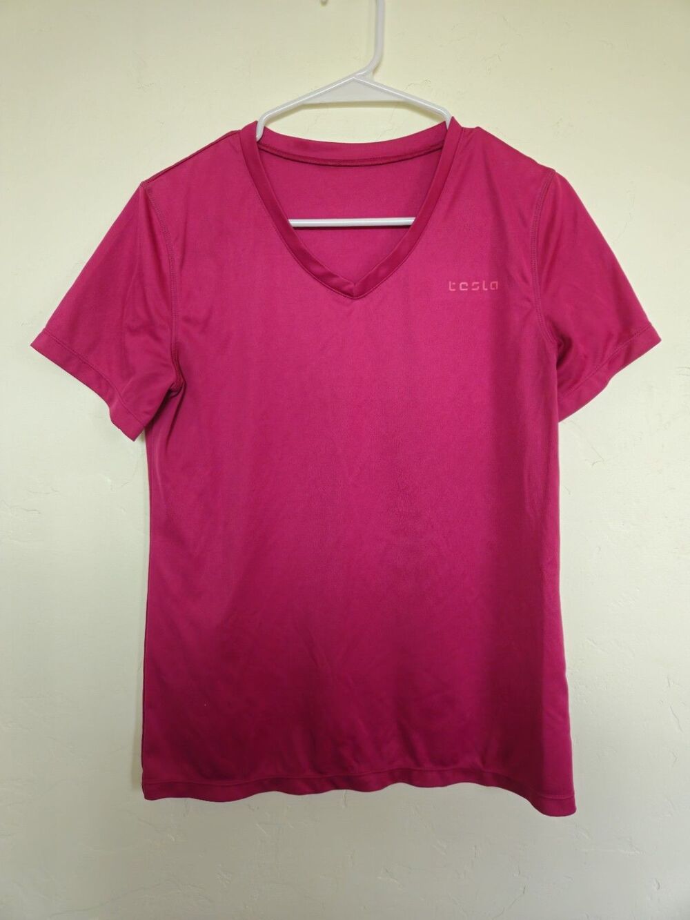 Tesla Women's Vneck Short Sleeve Tshirt, Bright Pink, Size L